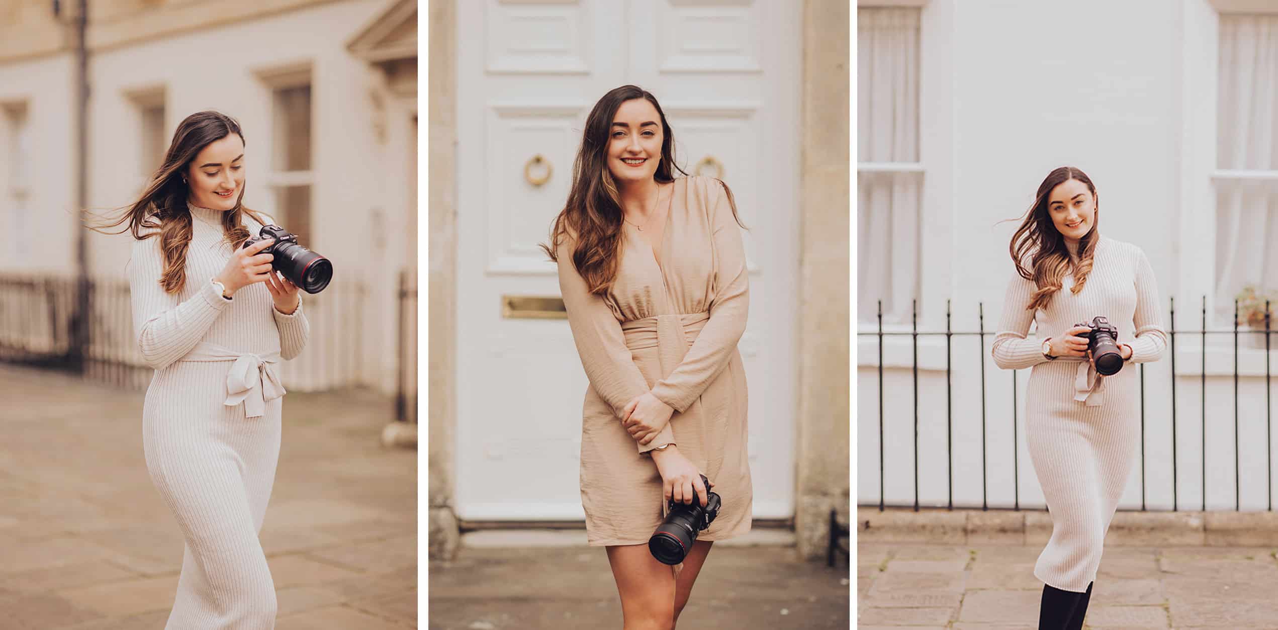 three image of Natasha from Honeydew Moments wearing light colourec clothes and holding her camera around Bath's city streets